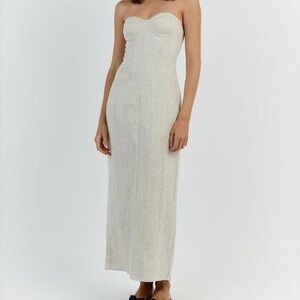 DISSH Linen Tan Beige Strapless Maxi Dress Sleeveless Slit Bustier Boned Sz 2